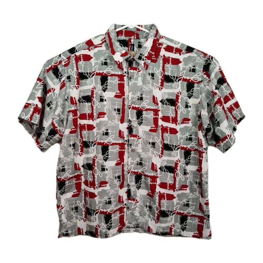 Vintage Joe Boxer button-up shirt men's 3XL short sleeves print logos red & gray